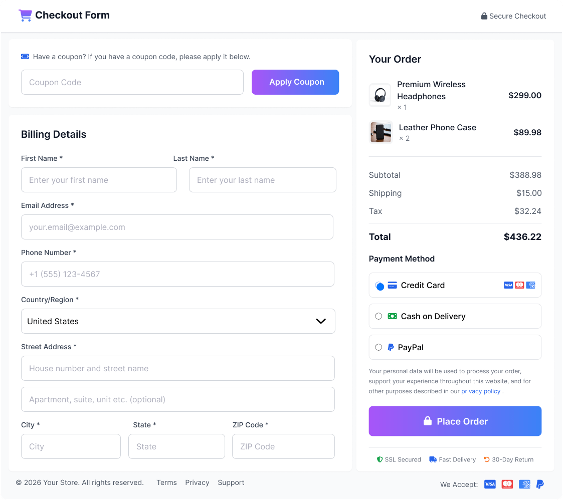 Customizable WooCommerce Checkout Form