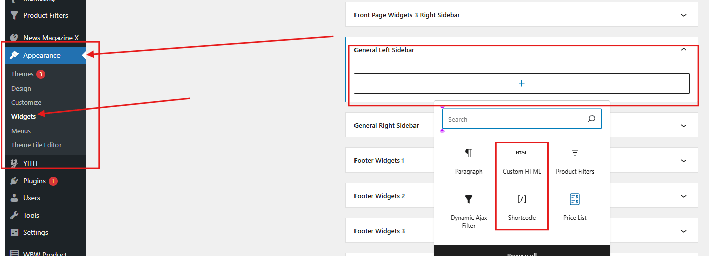 Add a Shortcode, Text, or Custom HTML widget