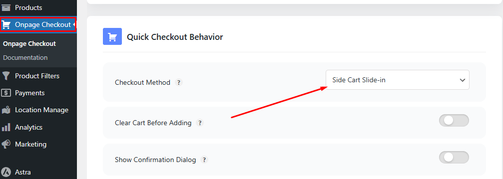 Configure Menu Cart Settings