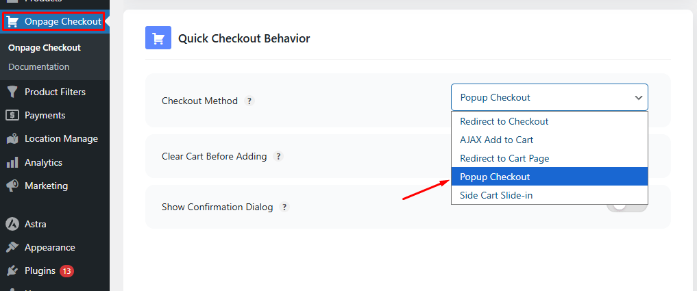 Configure Popup Checkout Behavior