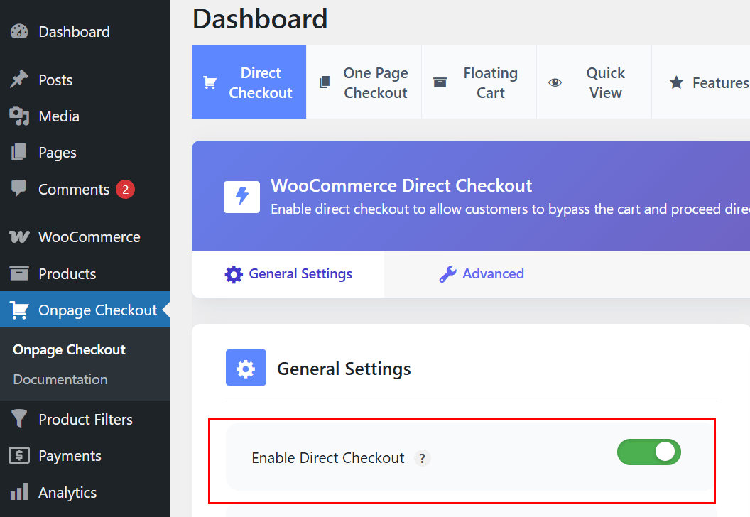 Enable Direct Checkout in Plugin Settings