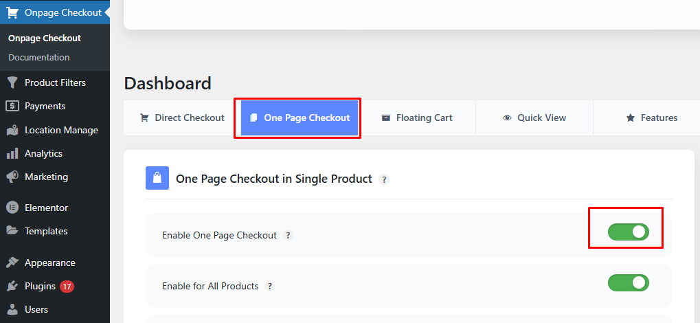 Toggle the Enable One Page Checkout setting to On