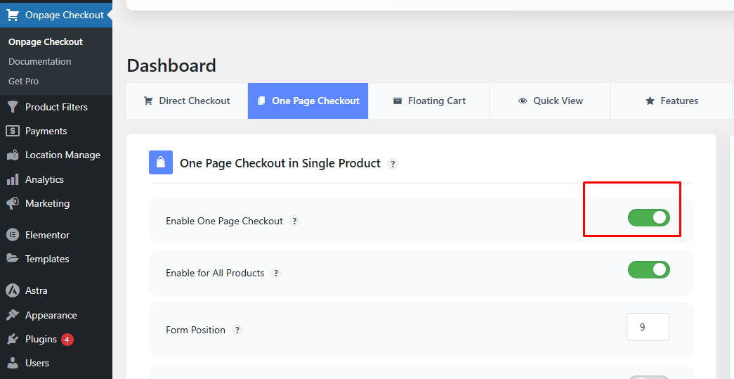 Turn the Enable One Page Checkout switch ON
